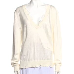 NWT IRO Jeans Distressed V Neck Sweater with Lace Trim Ivory Size XS $325
